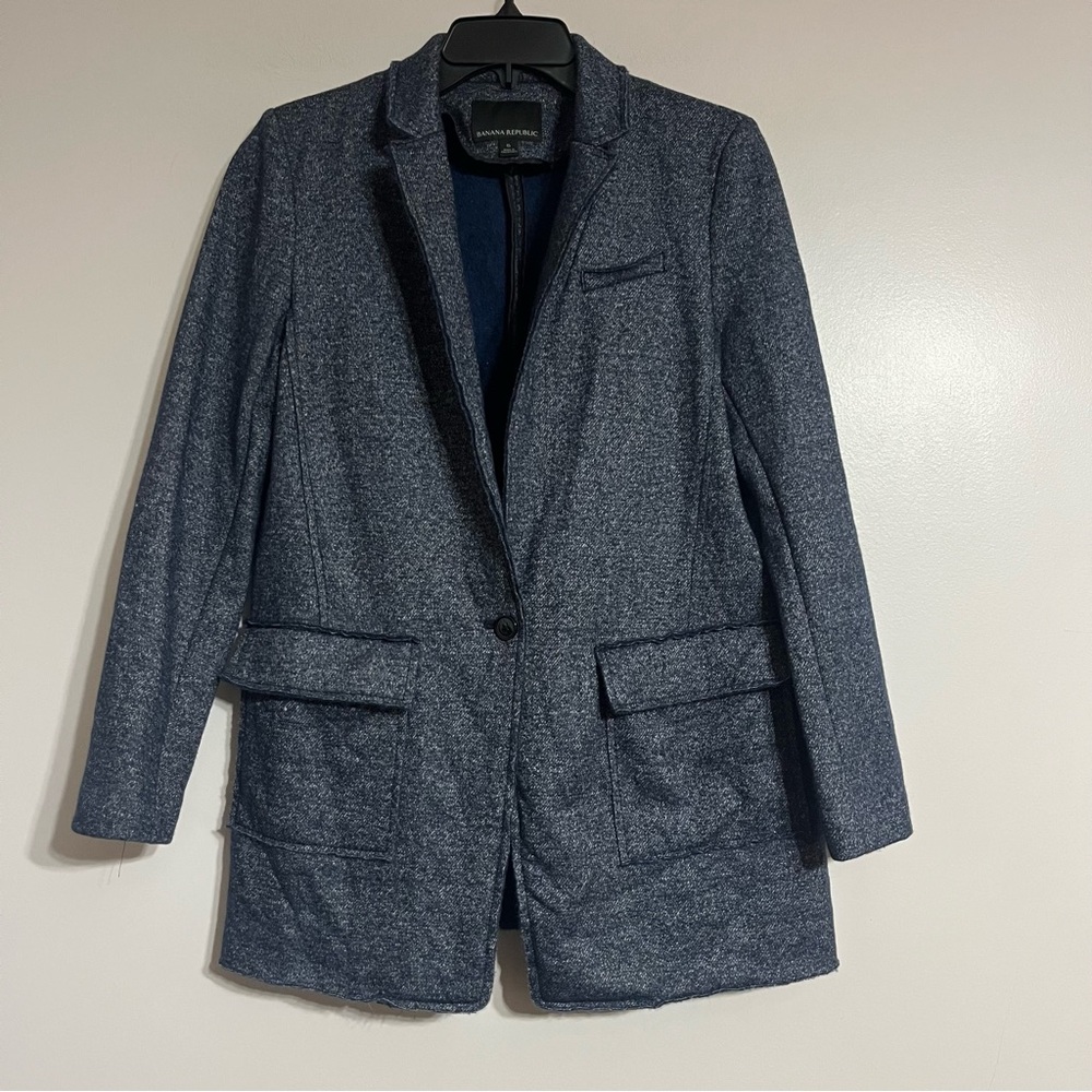 Banana Republic Blazer 6 Women's Blue & White Denim Look Wool Blend Bf Style